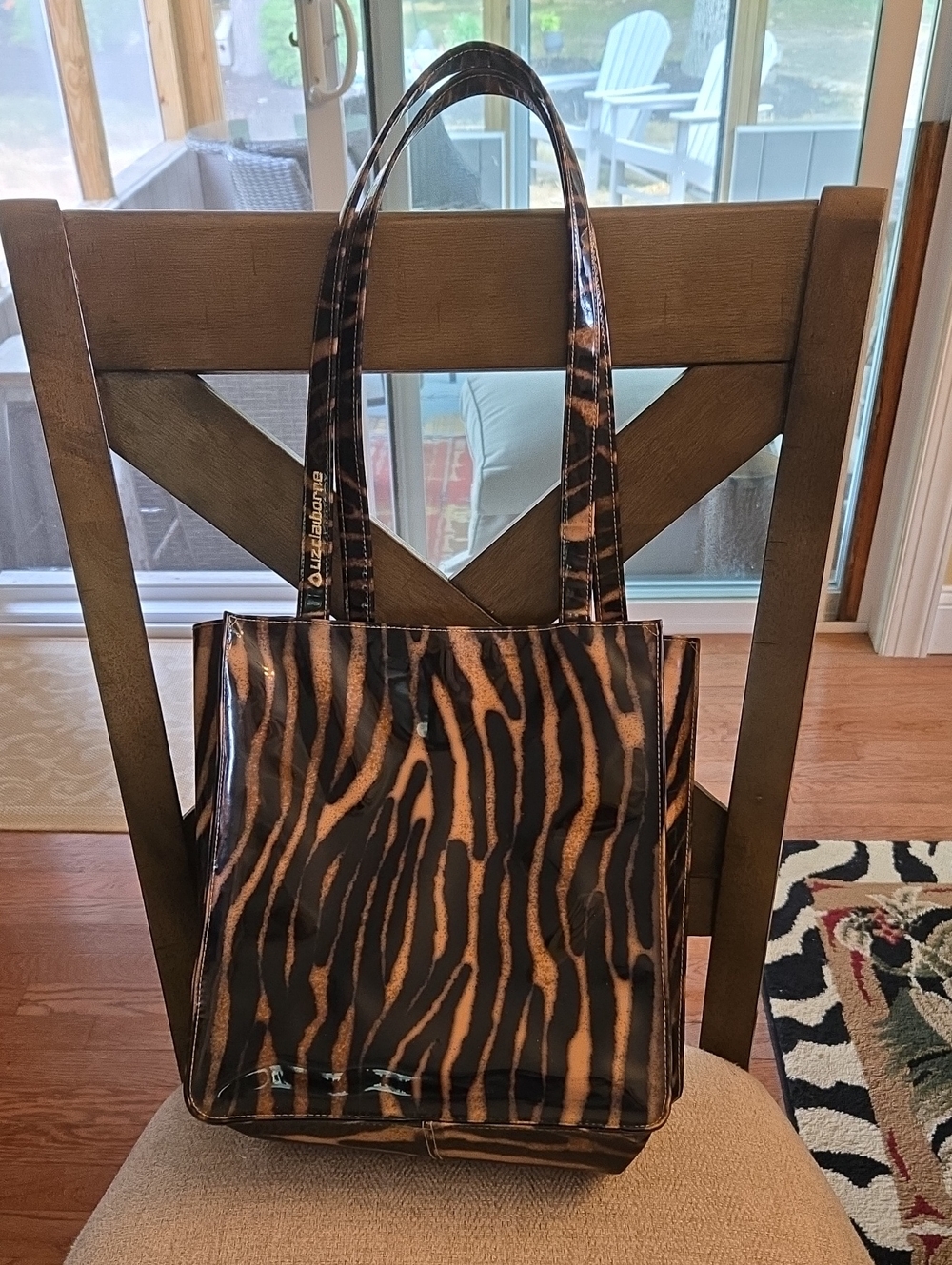 Liz Claiborne Animal Print Patent Tote Bag in Black & Tan